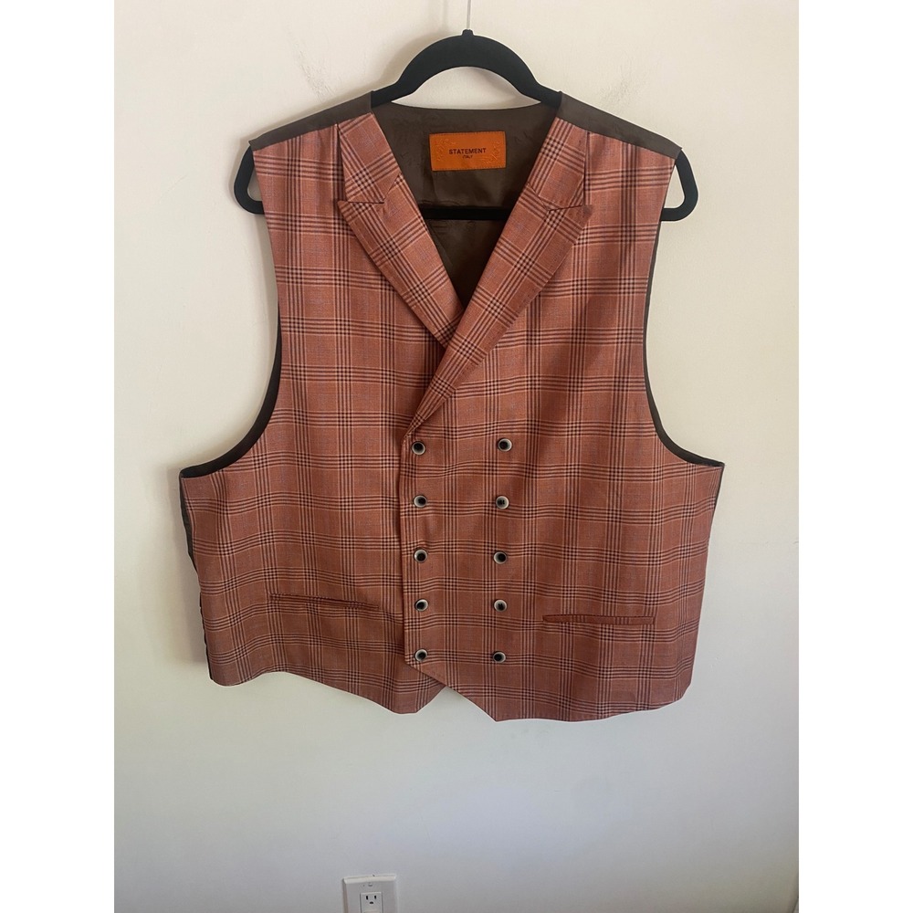Statement Italy Mens Double Breasted Plaid Vest Orange Brown Peak Lapel XL 50